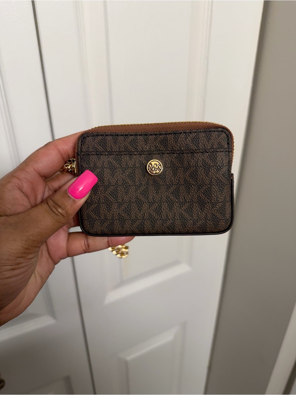 Michael Kors Brown Logo-Print Zip Card Wallet with Gold Accent